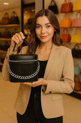 Italian Designer Custom Made in China Embossing Strip Elegant Hard Box Shape Bag